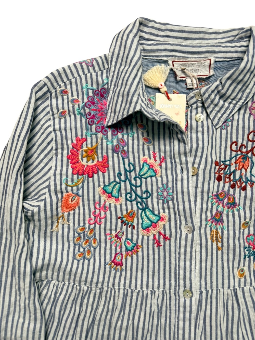 NWT Johnny Was Workshop Embroidered Stripe Tunic Top Small Boho Button Front - Picture 13 of 16